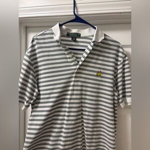 Masters White Polo with Green Stripe and Yellow Logo